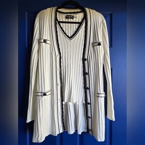 White and Black Ribbed Cardigan and Top Set By Karl Lagerfeld